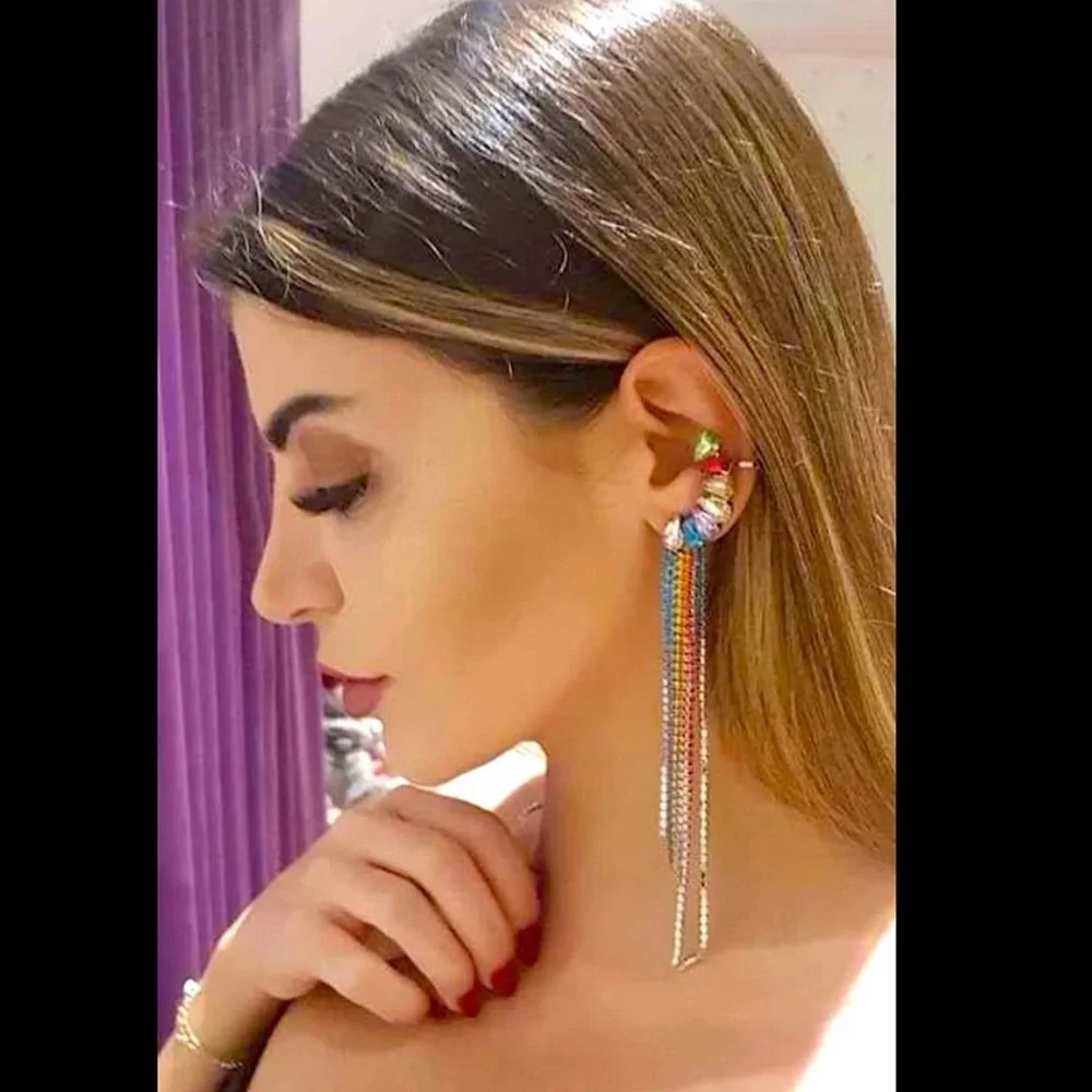 SOLD Last one! Multicolor Rhinestones Long Dangle Earri - Picture 2 of 3